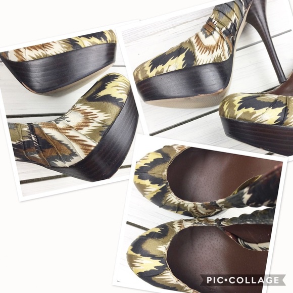 Aldo Printed Ikat Aztec Olive Platform Heels 7 - Picture 8 of 8
